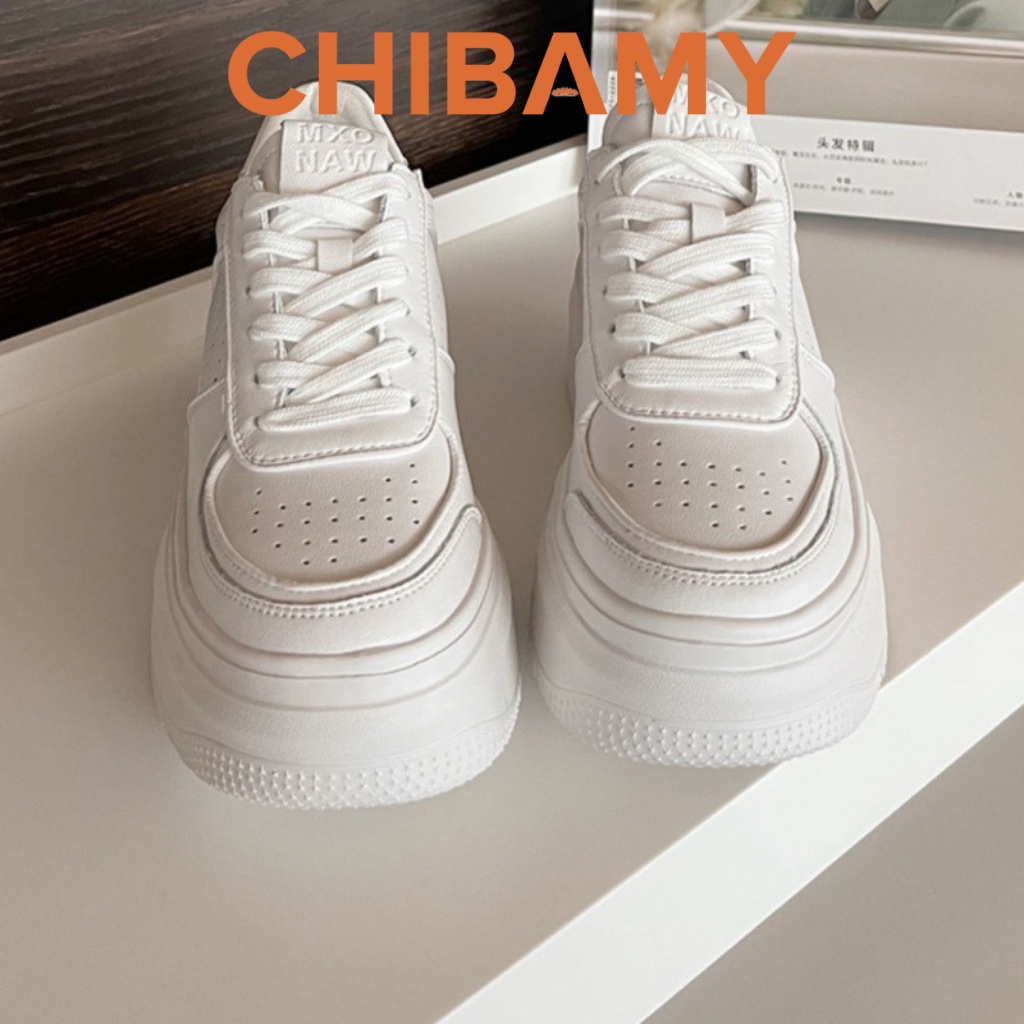 Giày thể thao nữ Trắng NK chất da lì đế cao 5cm, giày Sneaker học sinh CHIBAMY