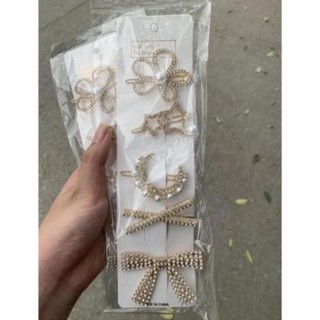 Sét 5 Kẹp Tóc Đính Đá Lấp Lánh Nơ Và Hoa Phong Cách Hàn Quốc