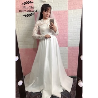 (free chỉnh sửa váy) đầm dạ hội phi trắng tay dài ren váy xòe, đầm cô dâu tay dài Hàn Quốc đơn giản chụp ảnh cưới