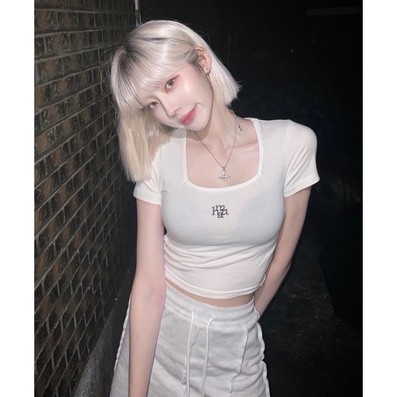 Áo Thun crop Top Cổ Vuông Ngắn Tay 2 Màu order chính hãng Hàn Quốc