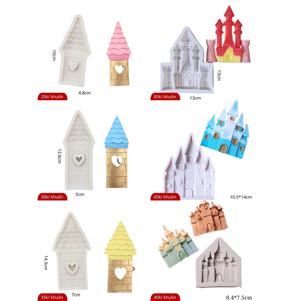 khuôn silicone tạo hình fondant, socola hình lâu đài các loại