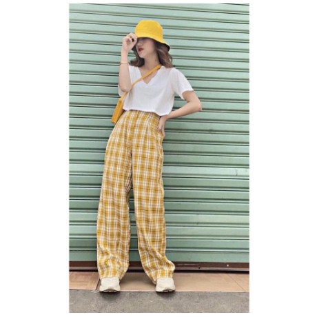 Quần suông kẻ lưng cao  - Quần Cul dáng thụng kẻ ô cúc cảnh