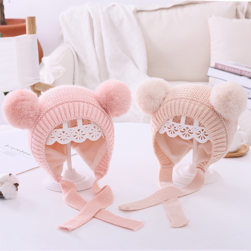 Mũ Beanie Dệt Kim Bảo Vệ Tai Đính Hai Quả Bông Đáng Yêu Cho Bé