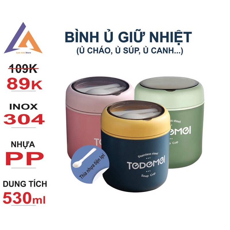 (Ruột Inox 304) Bình ủ cháo 530ml kèm muỗng, Hộp đựng thức ăn cho bé, đựng cơm văn phòng 2 lớp siêu tiên lợi