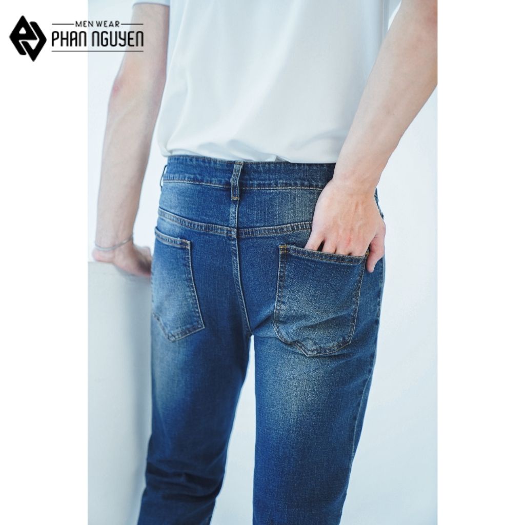 Quần jeans nam xanh cao cấp Phan Nguyễn, dáng dài, thiết kế hiện đại nam tính, chất liệu thoáng mát, co giãn tốt QBD.026