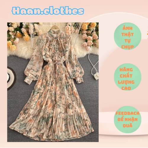 Đầm voan hoa tay dài dáng suông 6 màu freesize thắt nơ