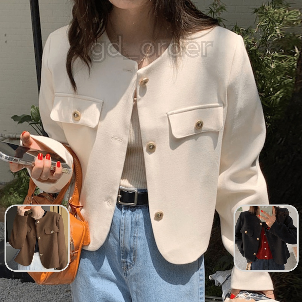 K82|Áo khoác retro cổ tròn dáng ngắn blazer croptop cá tính cho nữ văn phòng gd_order