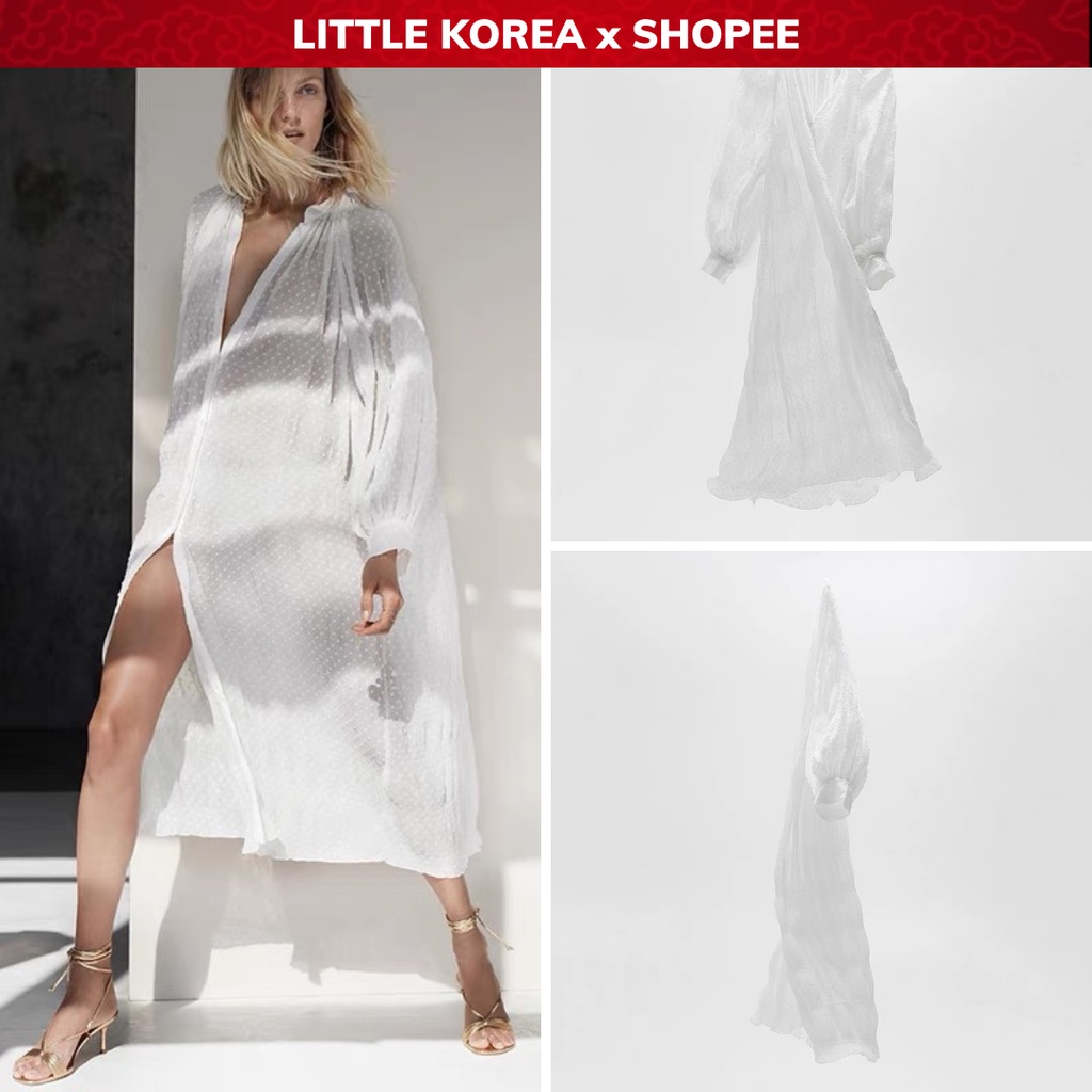 Váy Sơ Mi Trắng Dáng Dài Tay Phồng Form Rộng Z - LITTLE KOREA