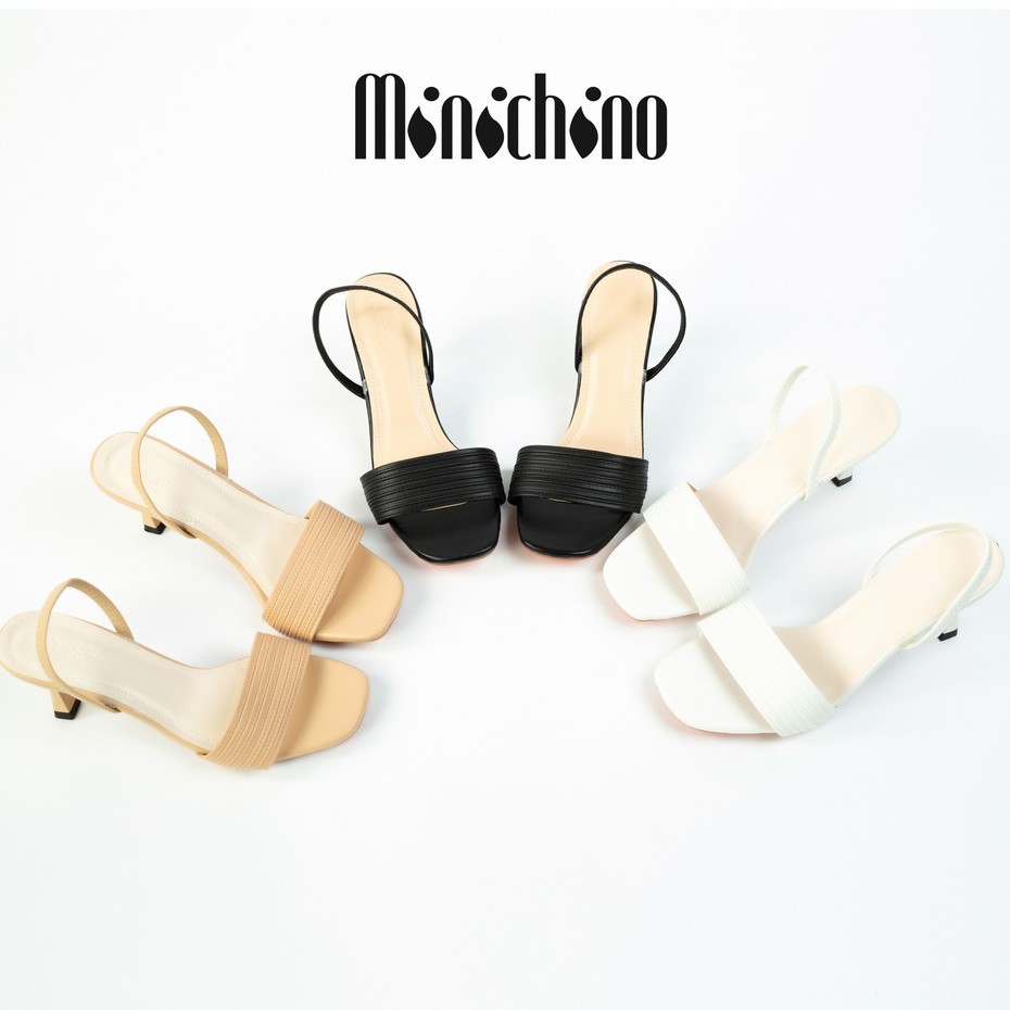 Giày sandal nữ quai mảnh gót cao 7p MINICHINO chất da mờ lì mũi tròn gót nhọn hở gót màu nude TC009