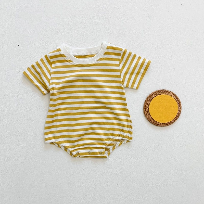 Bộ Áo Liền Quần Ngắn Tay Họa Tiết Kẻ Sọc Thời Trang Mùa Hè Cho Trẻ Sơ Sinh