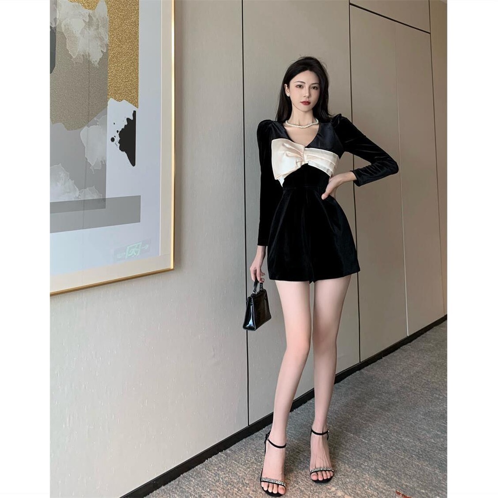 Áo liền quần Nhung Ống Rộng Tay Phồng Đính Nơ Xinh Xắn Theo Phong Cách Mùa Thu | BigBuy360 - bigbuy360.vn