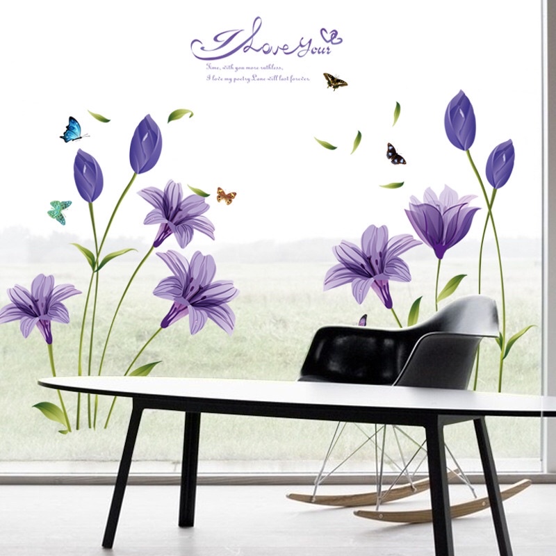 Decal dán tường hoa tulip tím,sẵn keo dán không thấm nước.