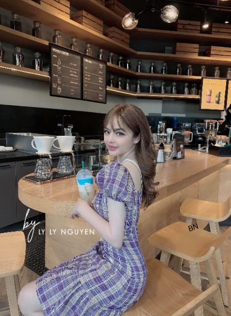 Váy kẻ tím đuôi cá mặc đc 2 kiểu