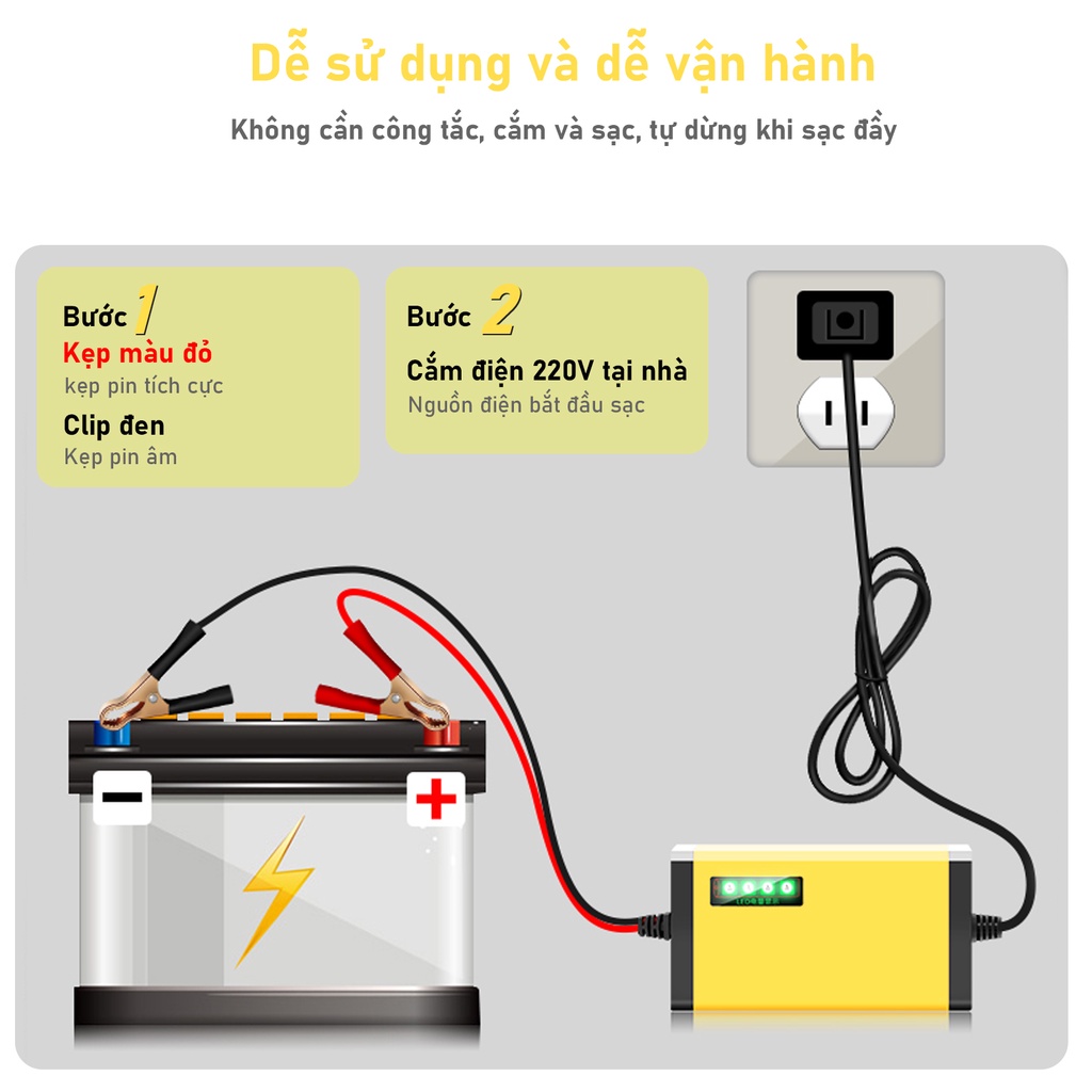 Bộ sạc bình ắc quy tự động ngắt sạc acquy xe máy, xe ô tô, có đèn led báo đầy