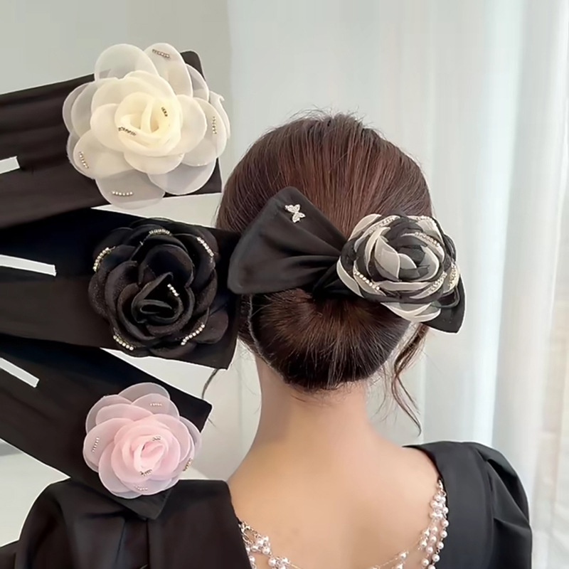 Kẹp Tóc Vải Lụa Cao Cấp Hình Chữ Nhật Đính Hoa Trà DIY Dành Cho Nữ