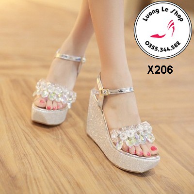 Sandal đế xuồng 12cm đế nhũ quai trong đính hoa đá 4 màu trắng hồng vàng bạc ms X206