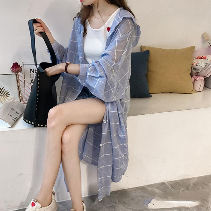 Áo Sơ Mi Tay Dài Dáng Rộng Có Mũ Trùm Đầu Chất Liệu Cotton In Họa Tiết Caro Phong Cách Hàn Quốc Thời Trang Cho Nữ