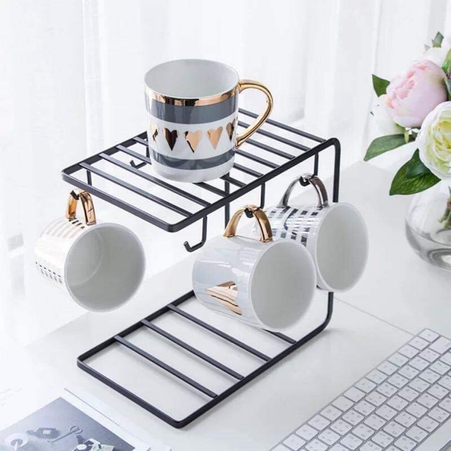 Giá treo cốc tách chén thế hệ mới 6 móc khung inox phong cách Châu Âu