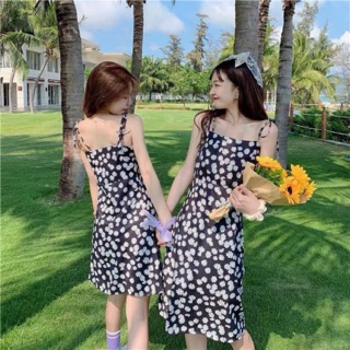 Đầm hoa cúc đen 2 dây thắt nơ (ảnh thật)