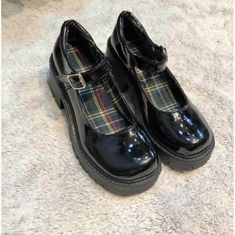 [ Thanh lý ] Giày Lolita đen bóng lót sọc caro