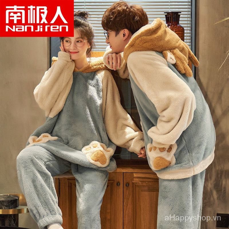Bộ đồ ngủ vải nhung san hô lông cừu dày giữ ấm thời trang thu đông cho nam và nữ