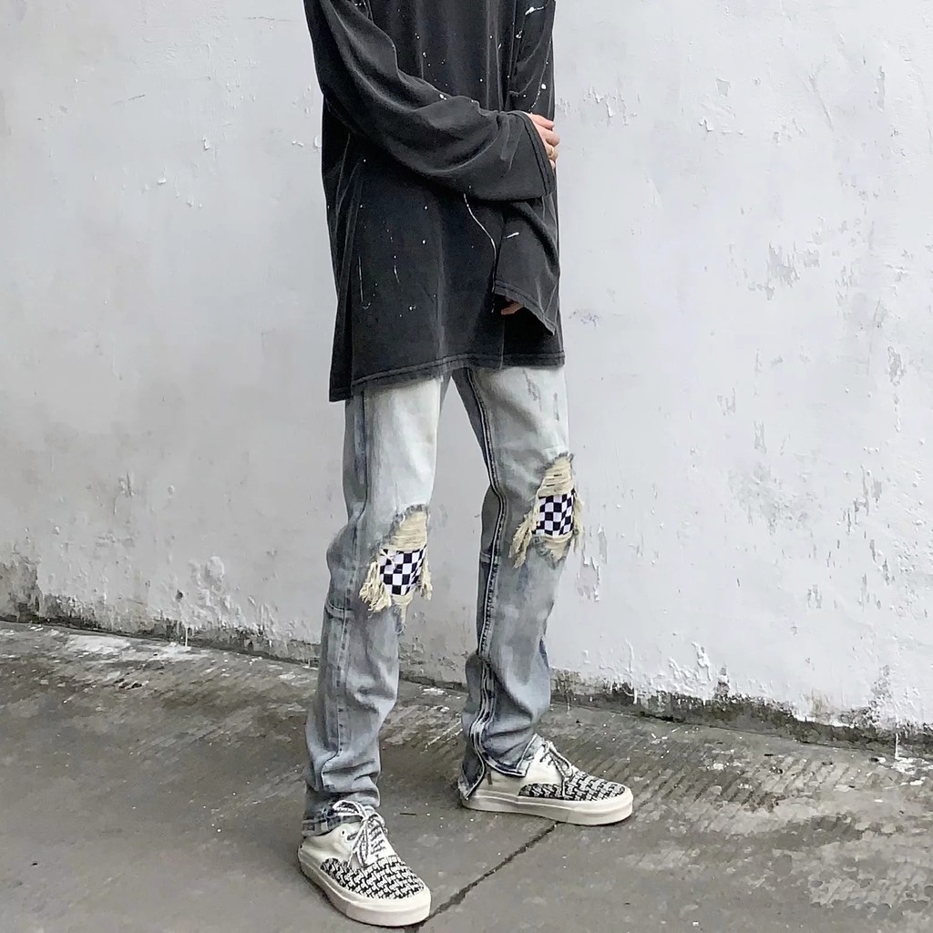 Quần jean dáng rộng rách gối thời trang mùa hè cho nam giới size M-4Xl