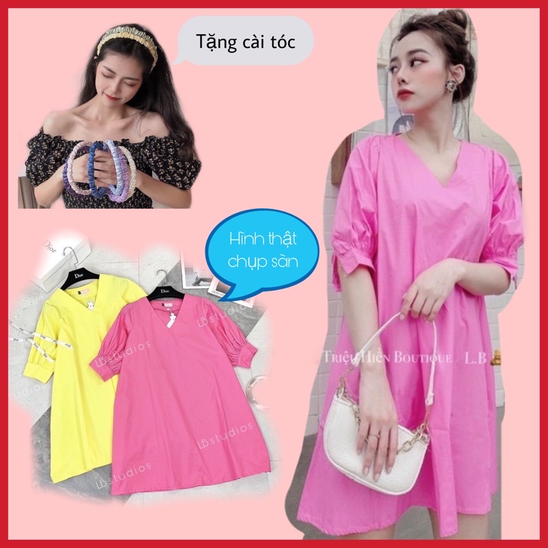 Đầm Váy thiết kế, dáng suông cổ V, tay bồng, đầm dáng xuông rộng {CÓ SẴN}