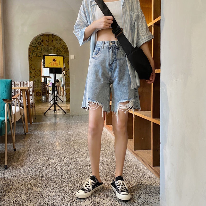 Quần Short Jean Rách Lưng Cao Thời Trang Dành Cho Nữ