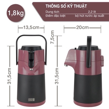 Bình giữ nhiệt LEBENLANG LBP569G dung tích 2.2L inox 304 - BH 12 Tháng