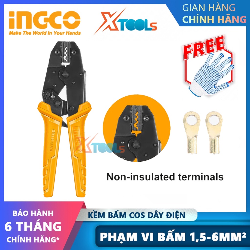 Kềm bấm cos dây điện INGCO HRCPL1506 | Kìm cắt tuốt kem bánh cóc Chiều dài: 9 &quot; Phạm vi bấm: 1,5-6mm2, Cách điện AWG: 20
