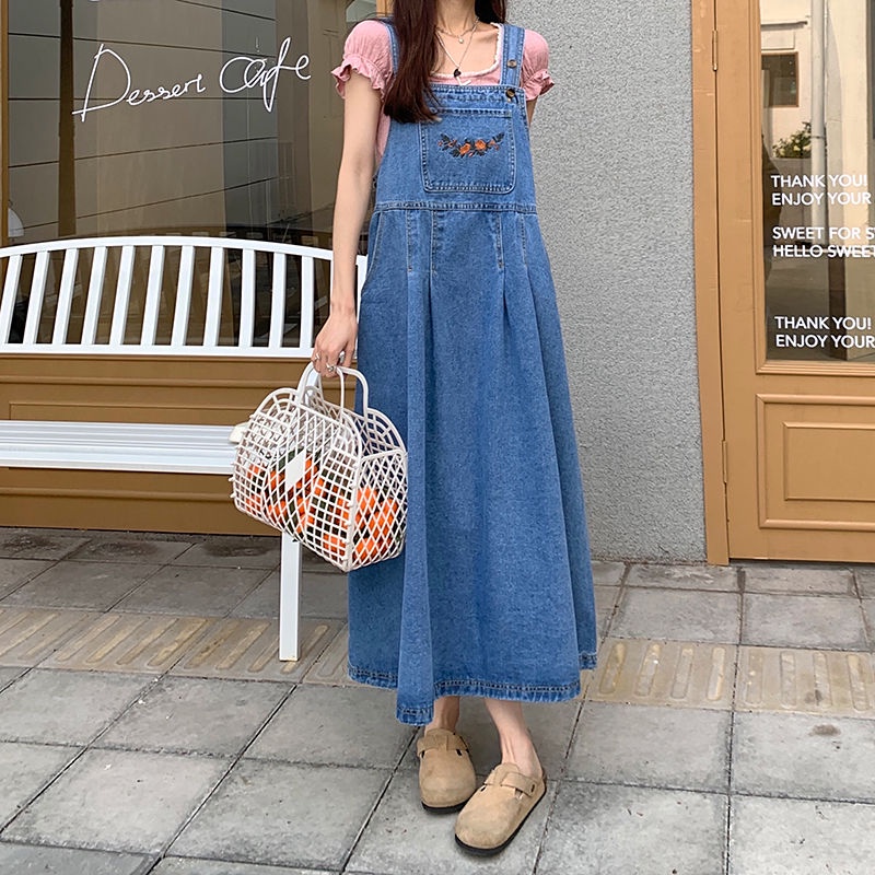 Đầm Yếm Denim Dài Dáng Rộng Thêu Họa Tiết Kiểu Retro Mỹ Xinh Xắn Cho Nữ
