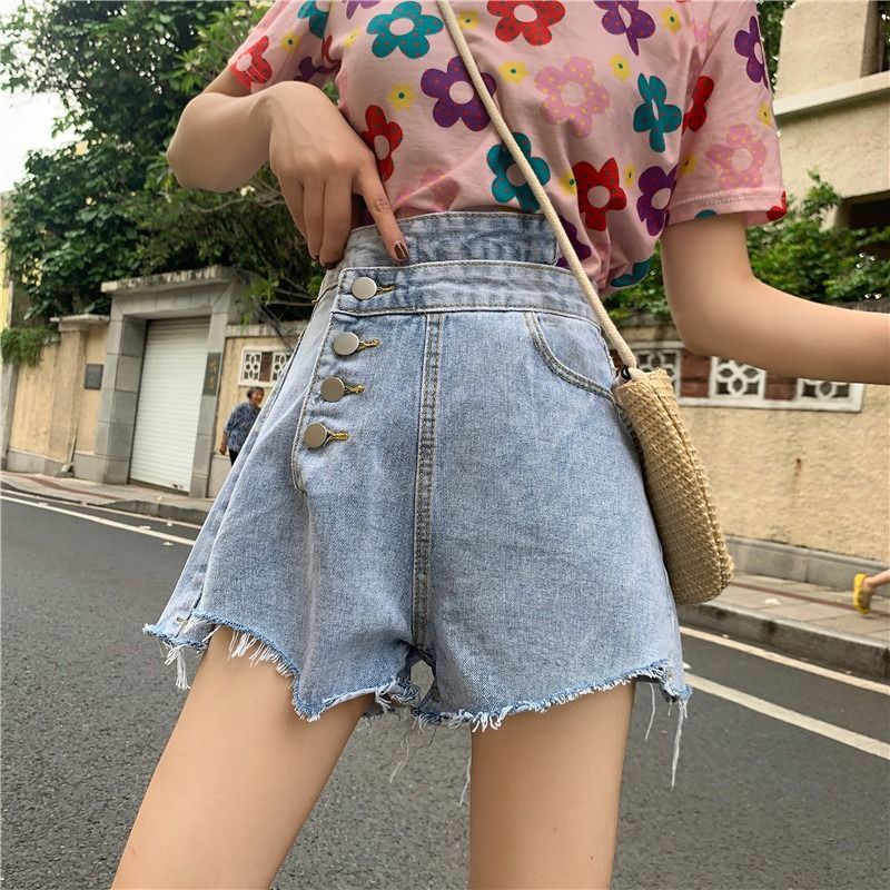 Jiashucheng Quần Denim Sờn Dáng Rộng Eo Cao Không Đều Phong Cách Mới Mùa Hè Cho Nữ Sinh