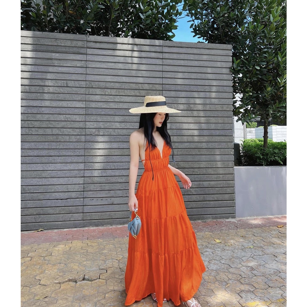 Váy 2s tầng đầm maxi cam 3 tầng xòe chất đũi tơ-Minxy shop | BigBuy360 - bigbuy360.vn