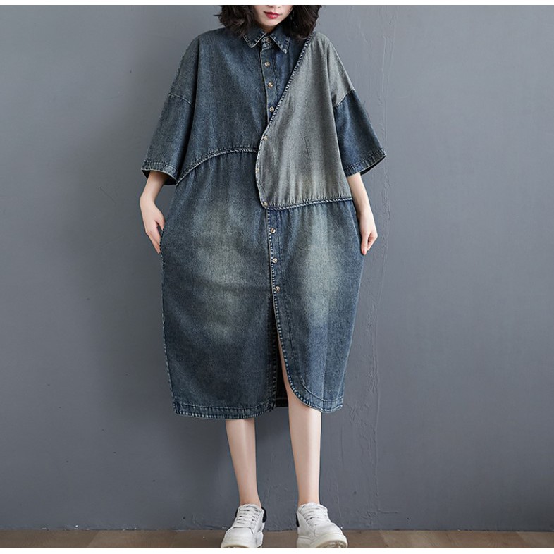 A83 Đầm big size freesize tay lỡ chất jean bò thời trang mẫu mã mới 2021