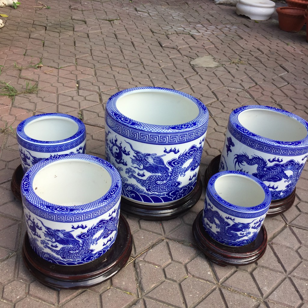 Bát hương gốm men xanh Bát Tràng hình lưỡng long xanh lam cao cấp, đa dạng kích thước từ 10-20cm