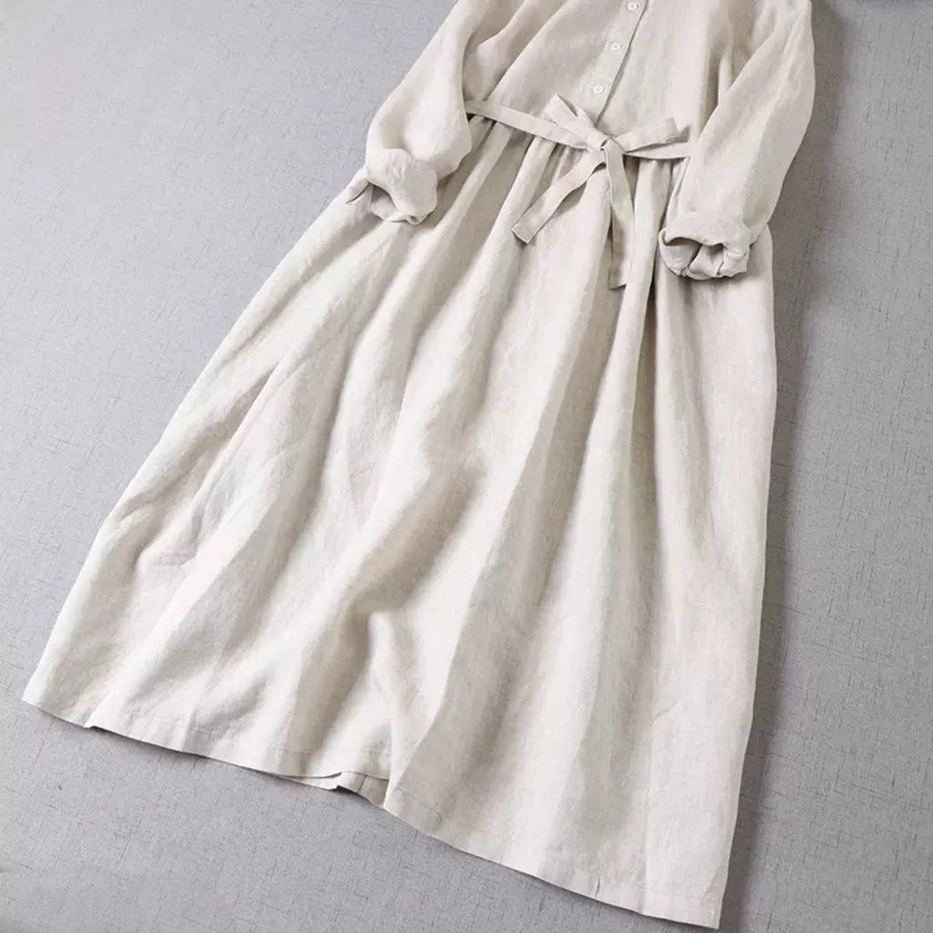 Váy Sơ Mi Thắt Eo Dáng Dài Đầm Suông  Dài Tay Vintage Ulzzang Hàn Quốc