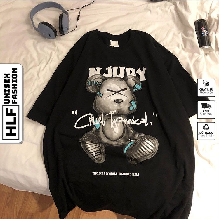 Áo phông nam HLFashion tay lỡ unisex form rộng Gấu NJURY thun oversize nam nữ ulzzang