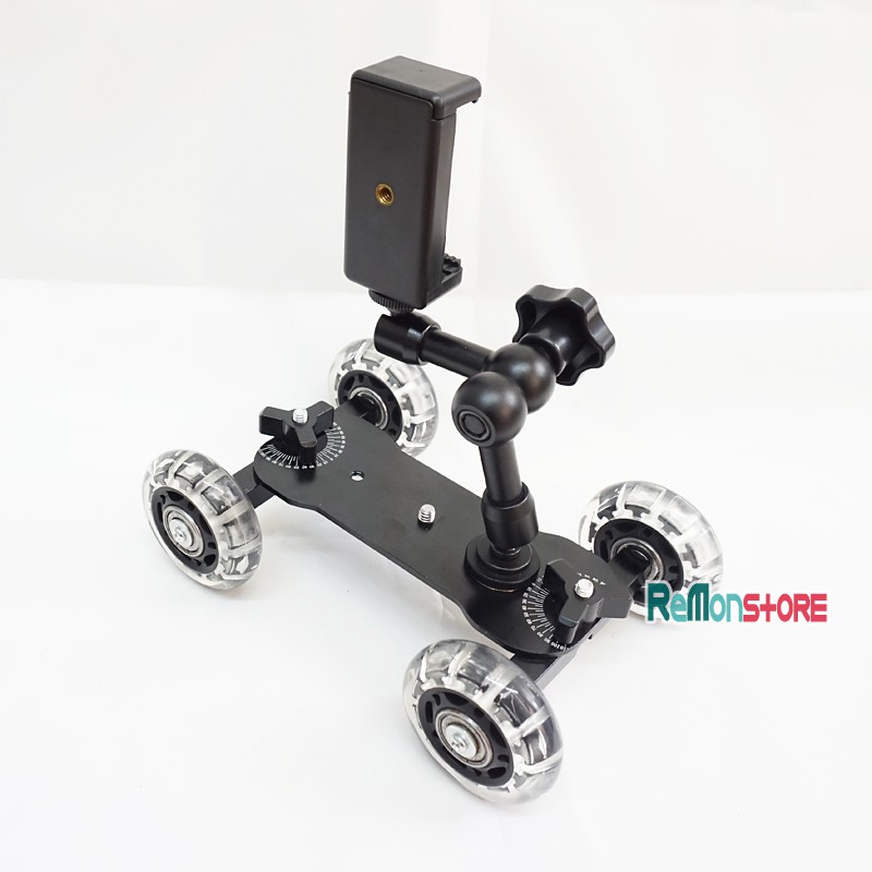 Bánh xe dolly quay phim và Magic arm 7inch kèm kẹp điện thoại 2 chiều