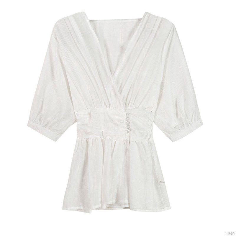 Sơmi nữ Áo sơ mi Áo kiểu chất chiffon tay ngắn thiết kế cổ chữ V thanh lịch cho nữ