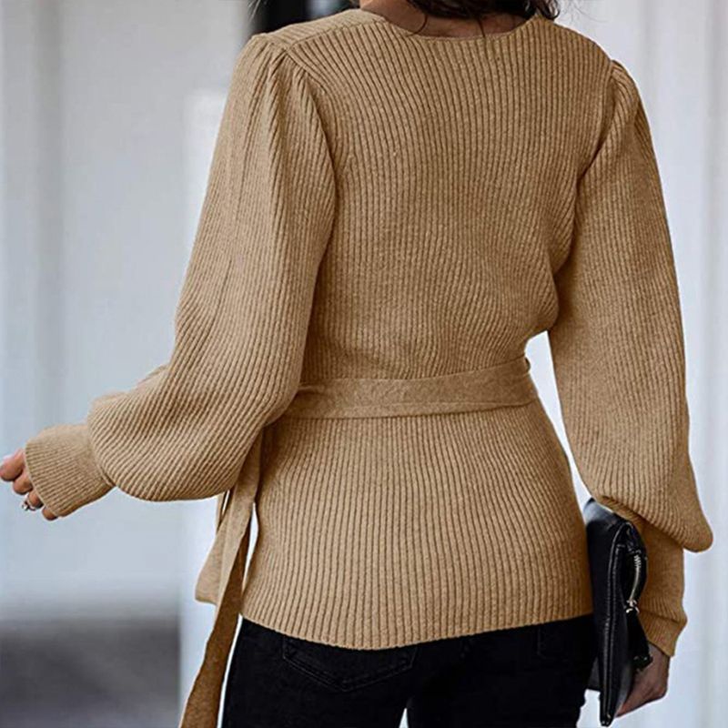 Áo Len Tay Dài Phồng Cổ Chữ V Màu Sắc Trơn Phong Cách Quyến Rũ