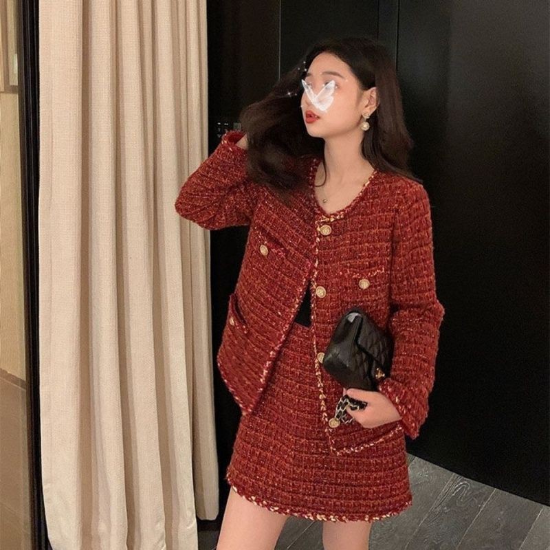 (SẴN) Set dạ tweed đỏ mận phong cách sang chảnh