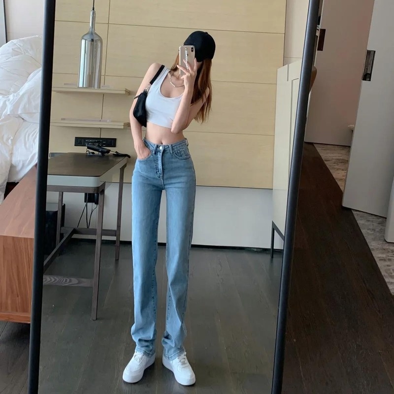 Quần jean dài lưng cao dáng ôm vừa thời trang retro cá tính cho nữ