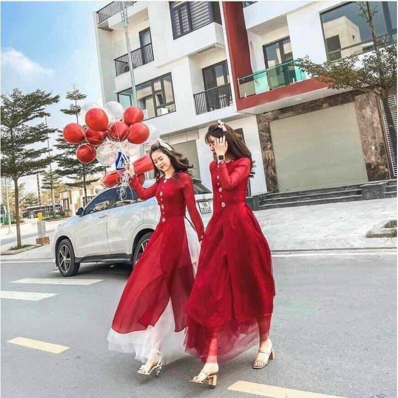 [FREESHIP] Set áo dài thiết kế phi lụa hai màu đỏ hồng đính nơ bông hoa phối quần suông mặc đi chùa chụp ảnh đi chúc Tết
