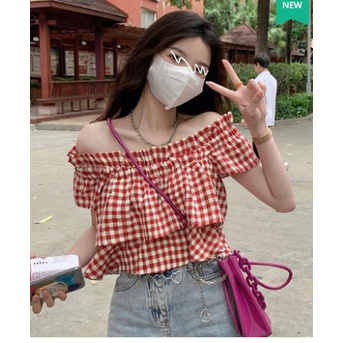 Áo sơ mi nữ kẻ caro trễ vai mùa hè phong cách ngọt ngào (ORDER)