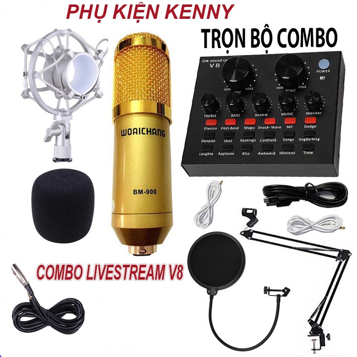 Combo Bộ míc thu âm BM900 và Sound Card V8 chuyên dụng hát live stream với đầy đủ chức năng chỉnh giọng âm thanh