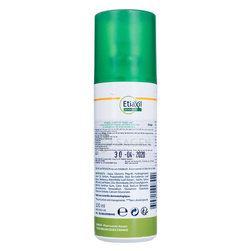 Xịt Khử Mùi Etiaxil Ngăn Mồ Hôi Chiết Xuất Nha Đam Deodorant Vegetal 24h Spray Sans Gaz 100ml