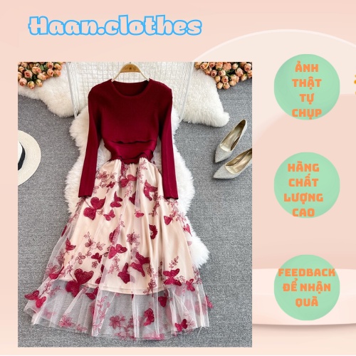 Đầm tay dài phần trên chất len dệt màu đỏ mix phần váy voan lưới đủ size