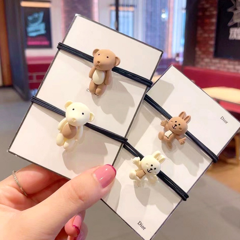 Dây Buộc Tóc Cao Su Co Giãn Bọc Da In Hình Gấu Hoạt Hình Màu Trà Sữa Phong Cách Hàn Quốc Cho Nữ