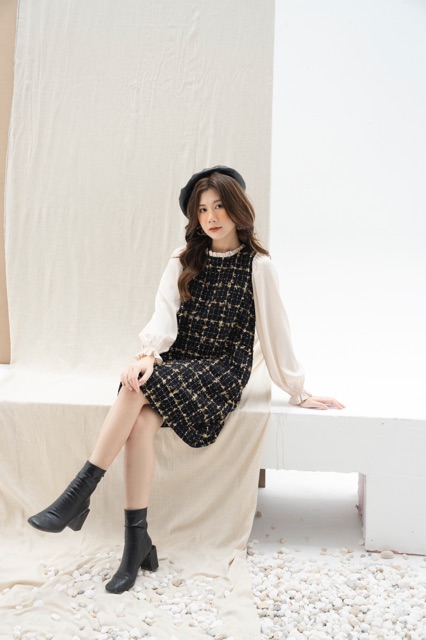 Váy Dạ Tweed Phối Tay Vải Lụa Be Phom Suông Dễ Mặc | BigBuy360 - bigbuy360.vn