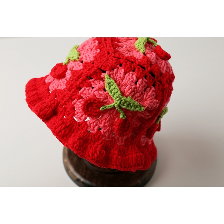 Mũ Bucket Len Dệt Kim Thủ Công In Hình Cherry Phong Cách Nhật Bản Dễ Thương